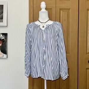 beach lunch lounge Shirt Women Small Blue White Striped Button Front Long Sleeve